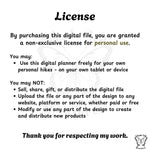 License agreement for a digital planner design with text and a logo.