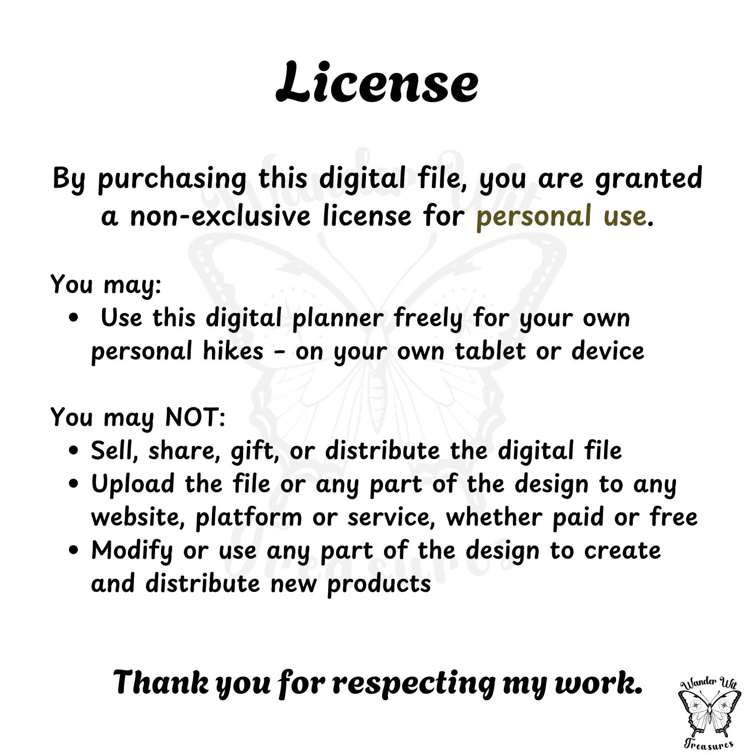 License agreement for a digital planner design with text and a logo.
