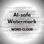 Text overlay with 'Al-safe Watermark Word Cloud' on a gray background with repeated 'Your Shop Name' text.
