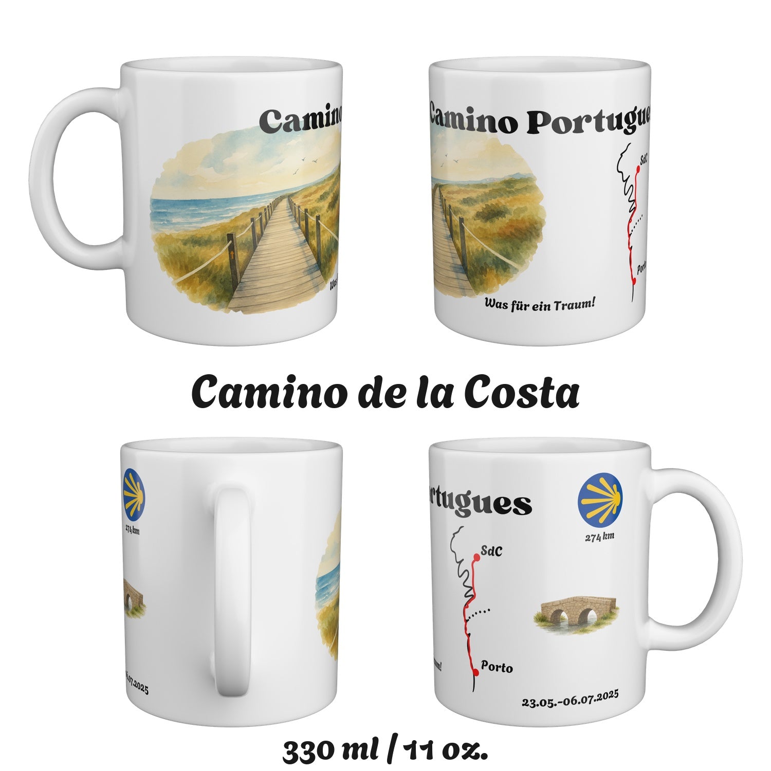 The Camino Portugues mug seen from four sides, 330 ml / 11 oz.