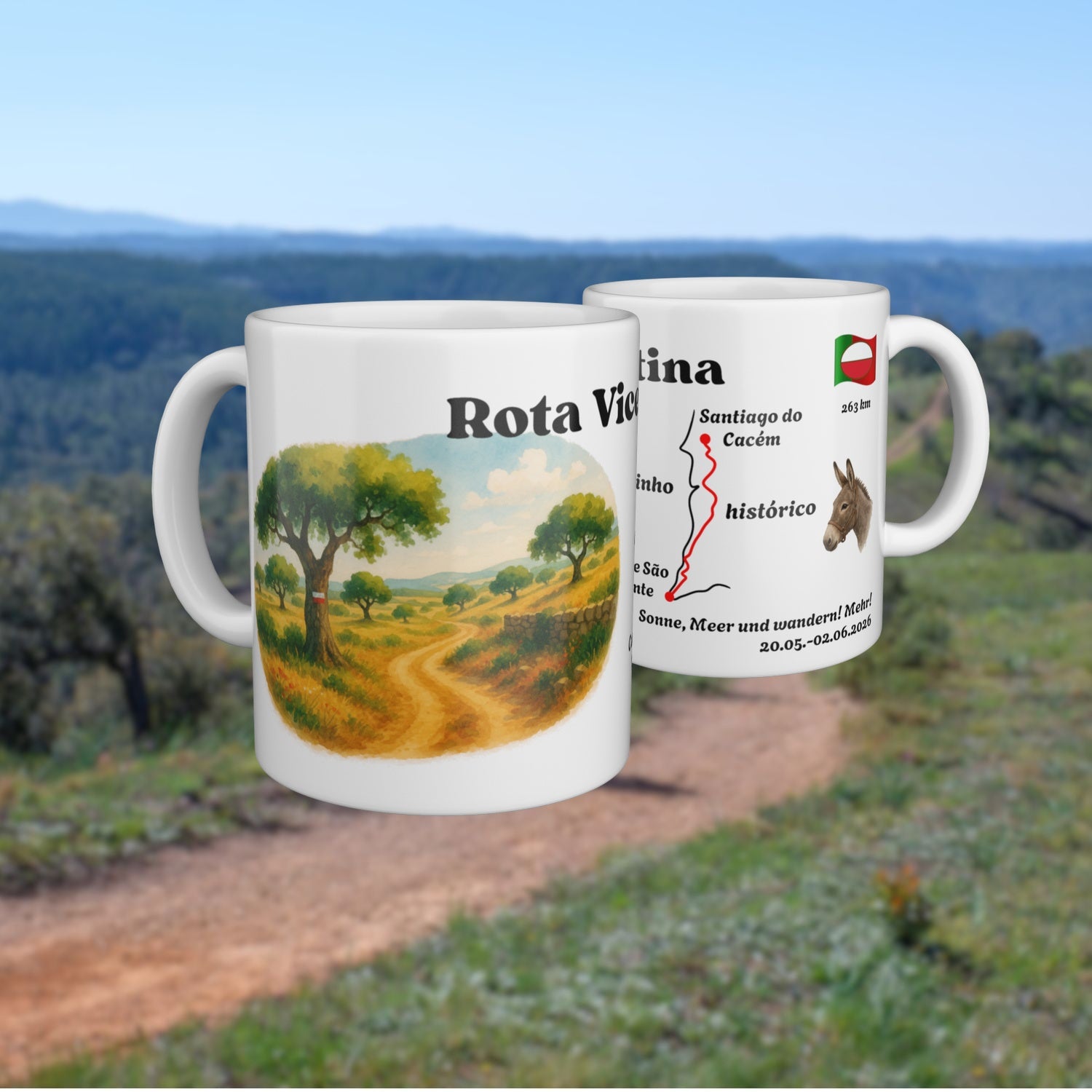 Another route variation of the Rota Vicentina on a white mug, shown from two sides.