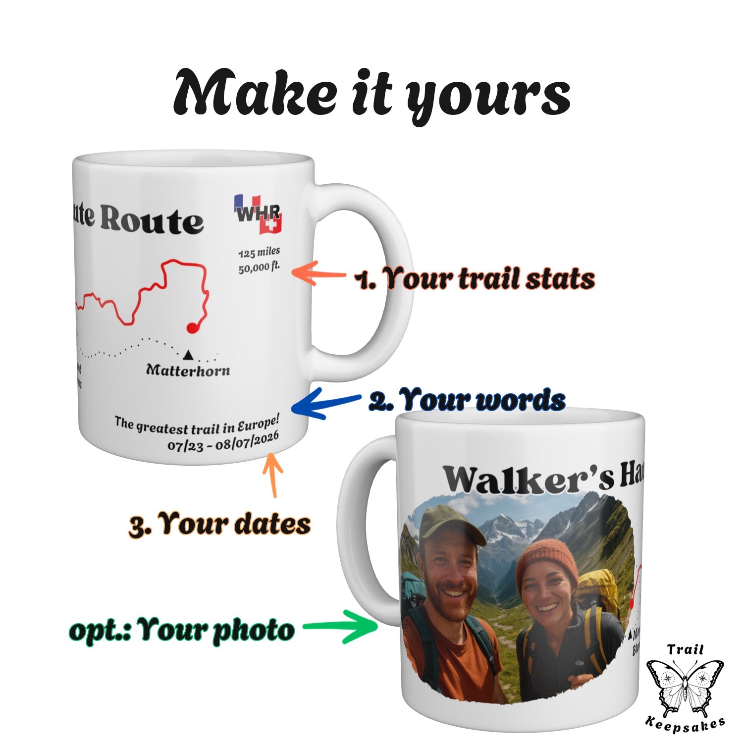 Two Walker's Haute Route mugs with numbered arrows showing what you can personalise: trail stats, your own words, your dates.