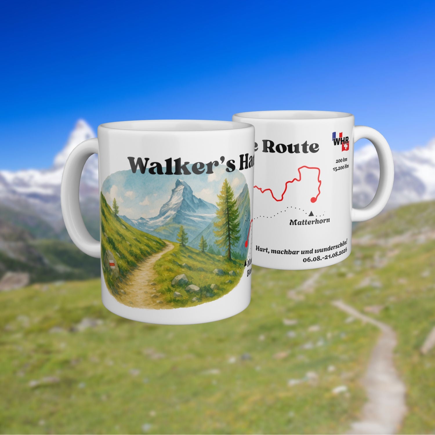 White mug with a watercolour map of the Walker's Haute Route, shown from two sides.