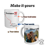 Two E5 Oberstdorf - Meran mugs with numbered arrows showing what you can personalise: trail stats, your own words, your dates.