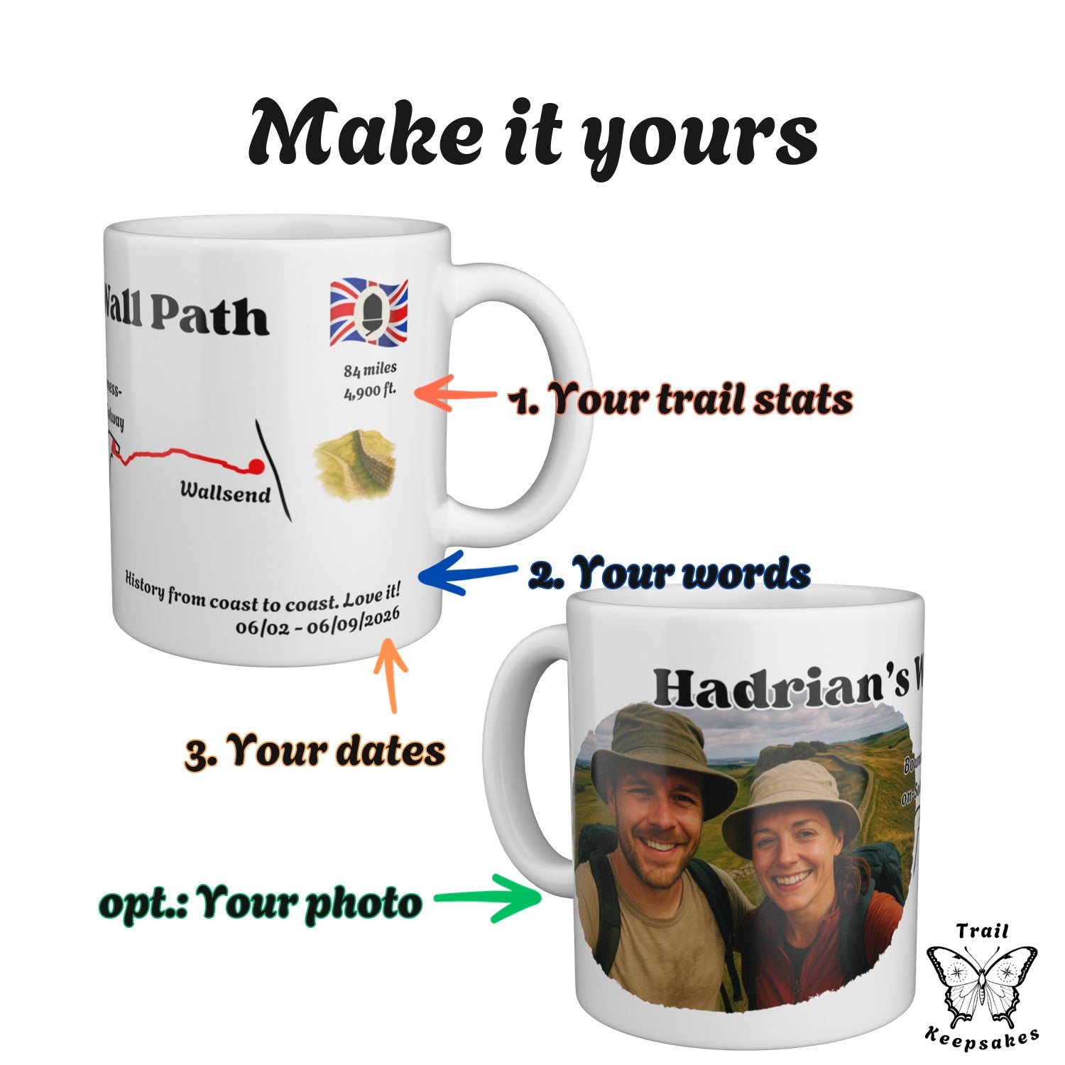 Two Hadrian's Wall Path mugs with numbered arrows showing what you can personalise: trail stats, your own words, your dates.