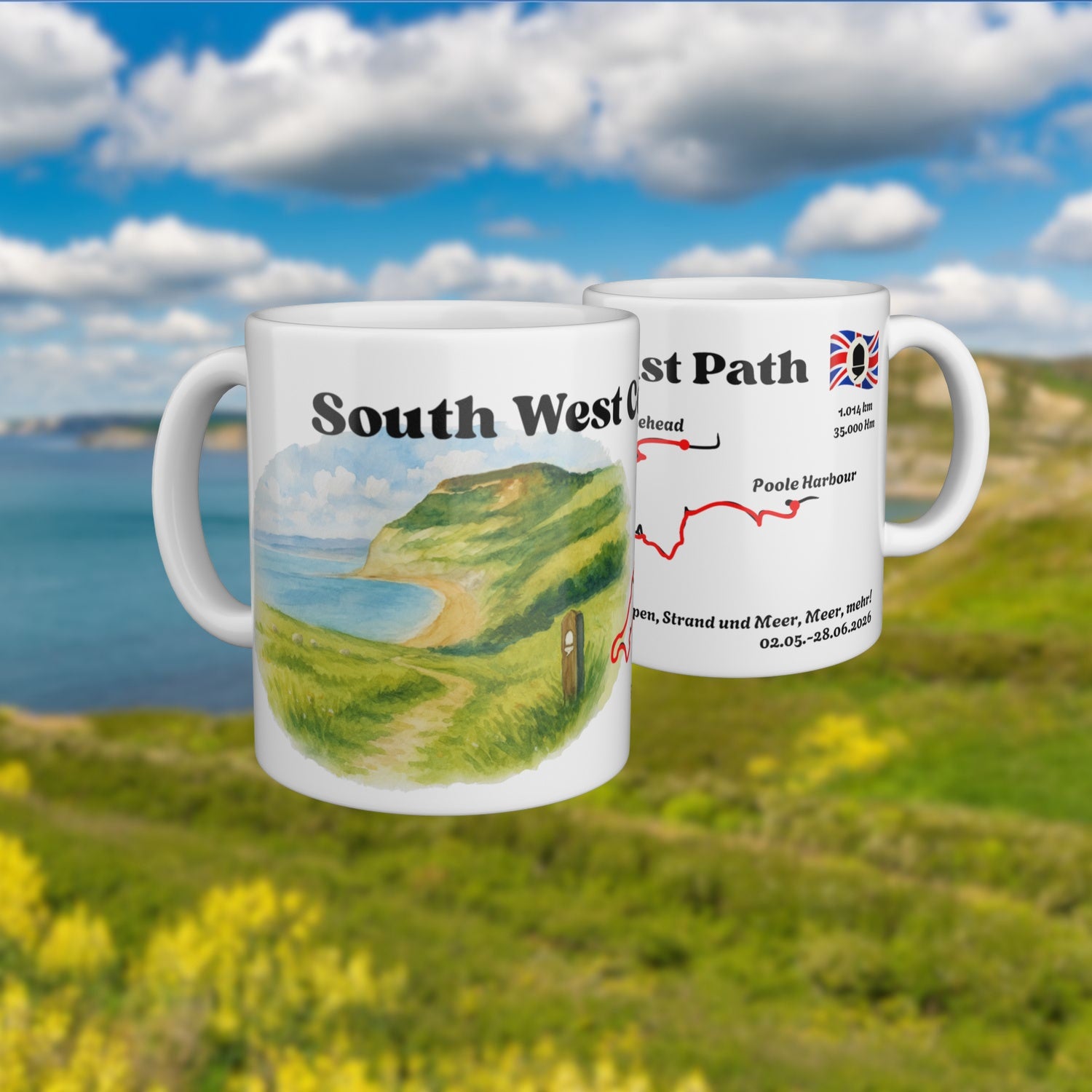 White mug with a watercolour map of the South West Coast Path, shown from two sides.
