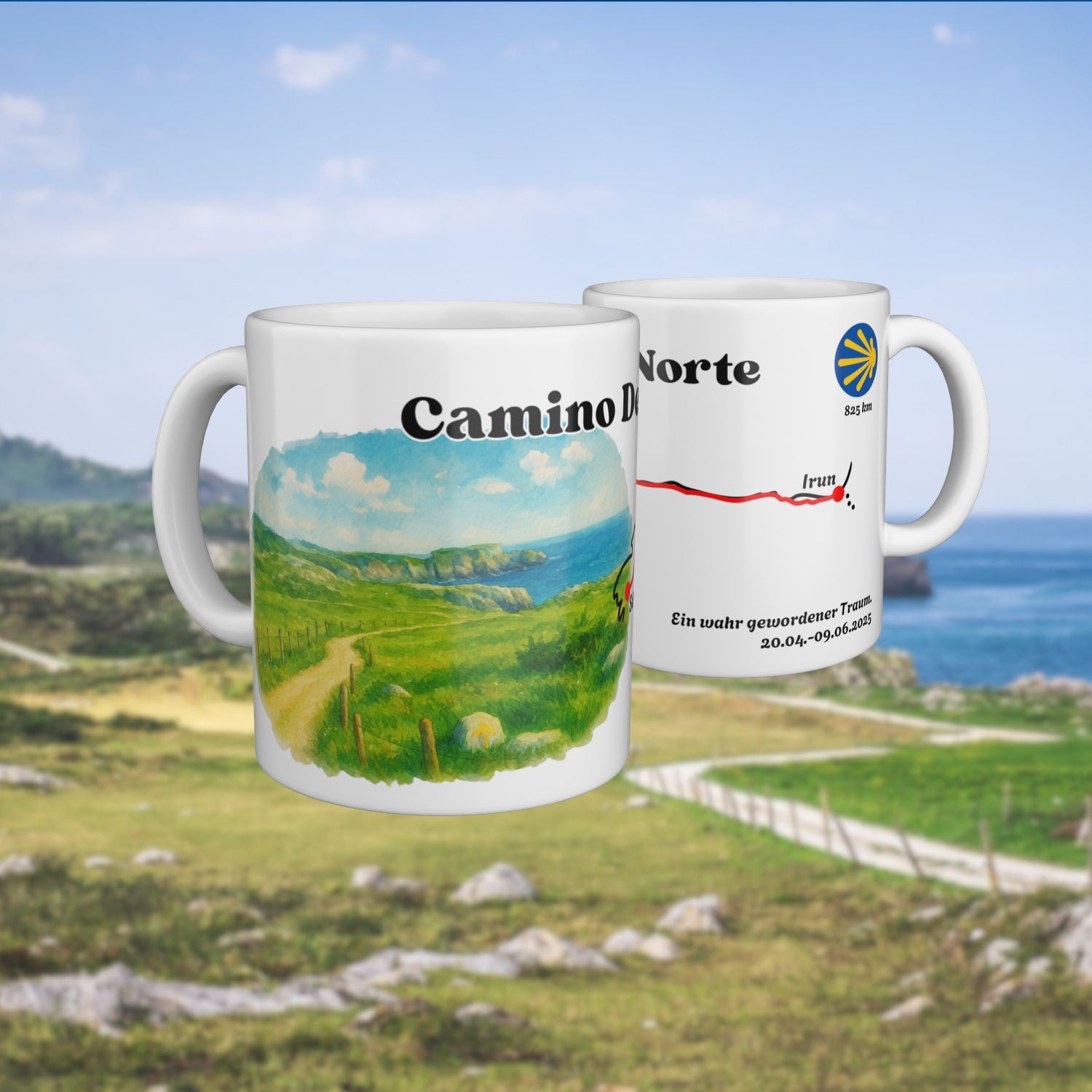 White mug with a watercolour map of the Camino del Norte, shown from two sides.