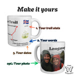 Two Laugavegur Trail mugs with numbered arrows showing what you can personalise: trail stats, your own words, your dates.