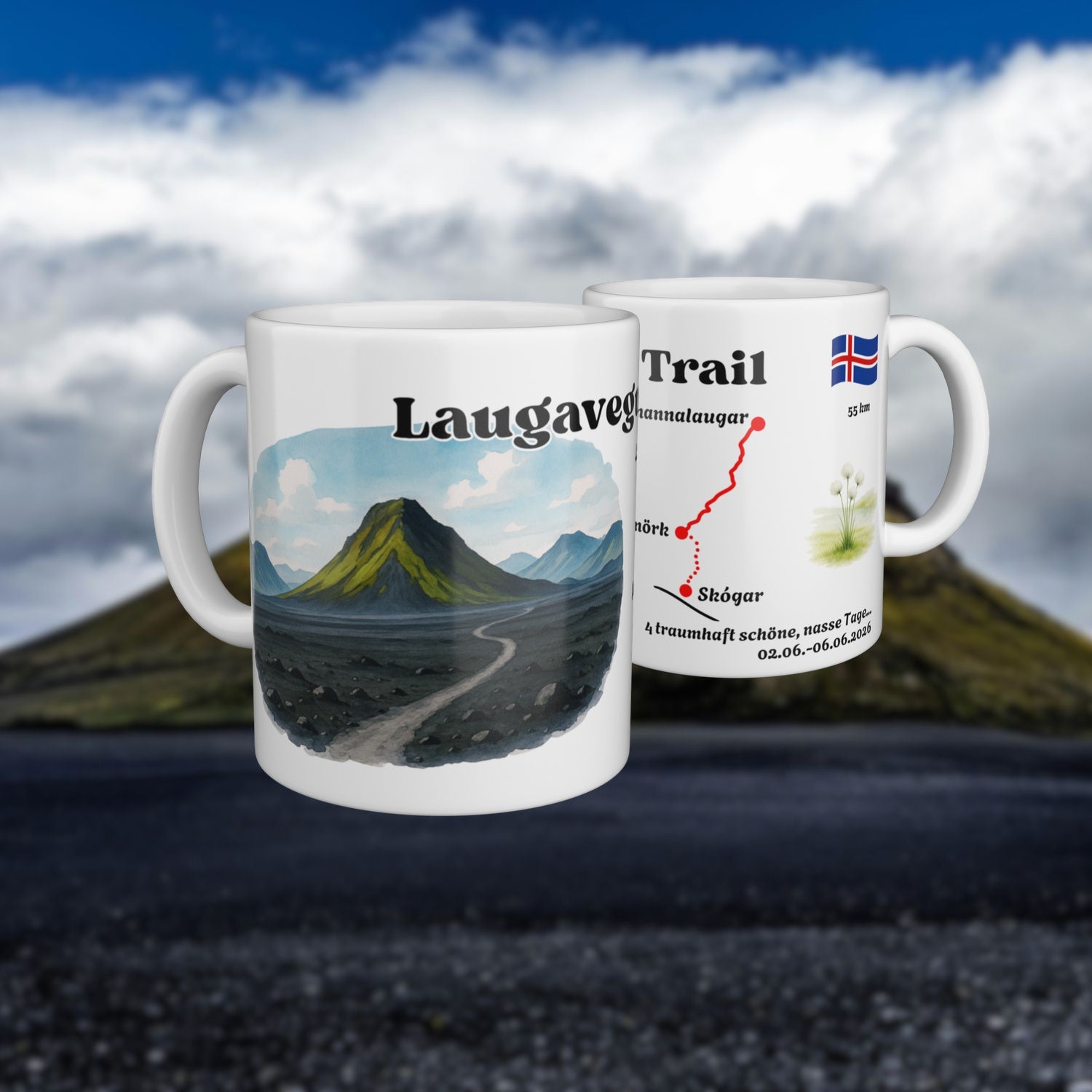 White mug with a watercolour map of the Laugavegur Trail, shown from two sides.
