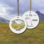 West Highland Way ceramic ornament with watercolor landscape shown front and back in front of trail landscape.