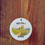 Basic version of Alta Via 1 ornament in front of wooden door.