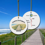 Camino Portugues ceramic ornament, Camino de la Costa variation, with watercolor landscape shown front and back.