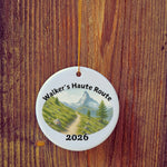 Basic version of Walker's Haute Route ornament in front of wooden door.