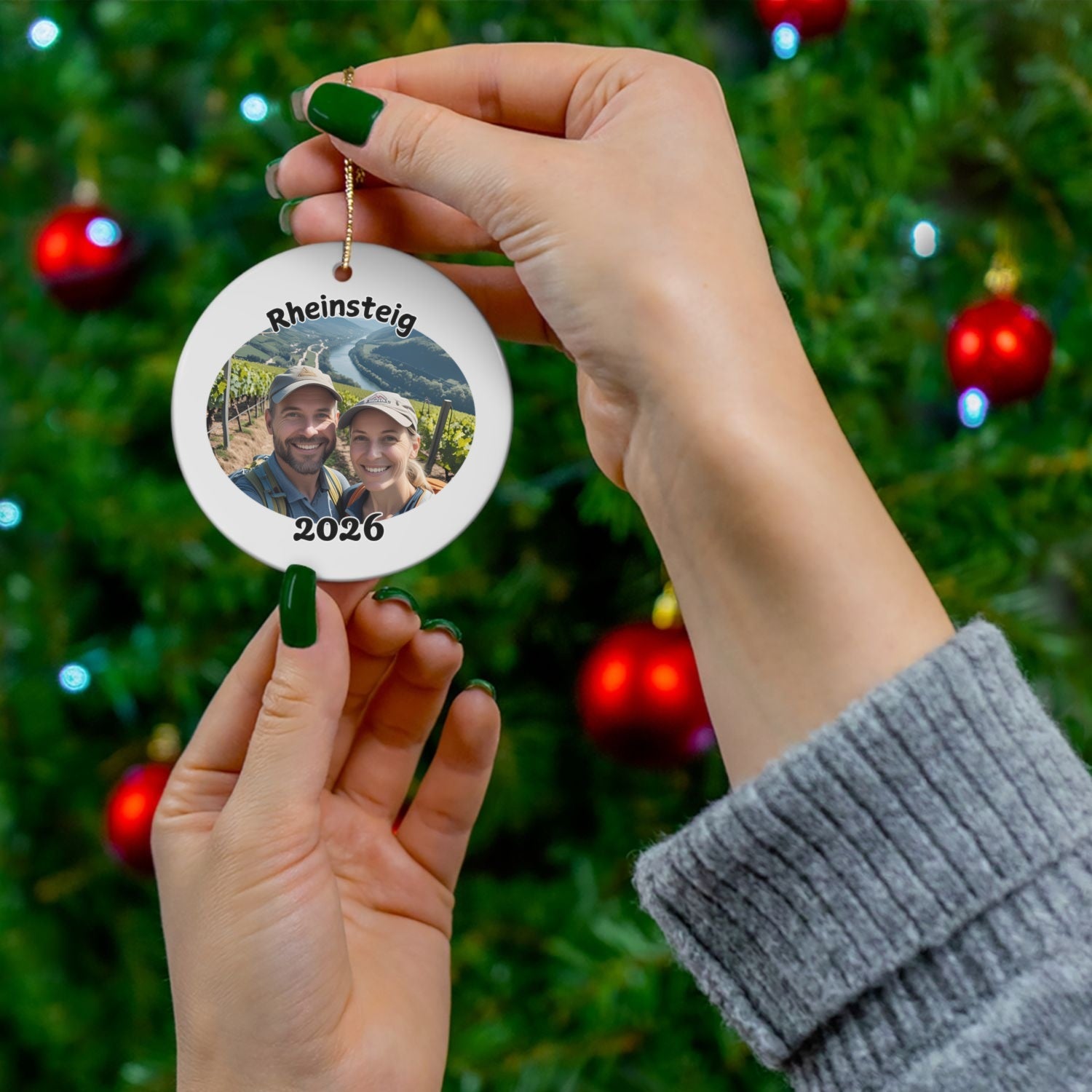 Rheinsteig photo ornament shown in front of Christmas tree.