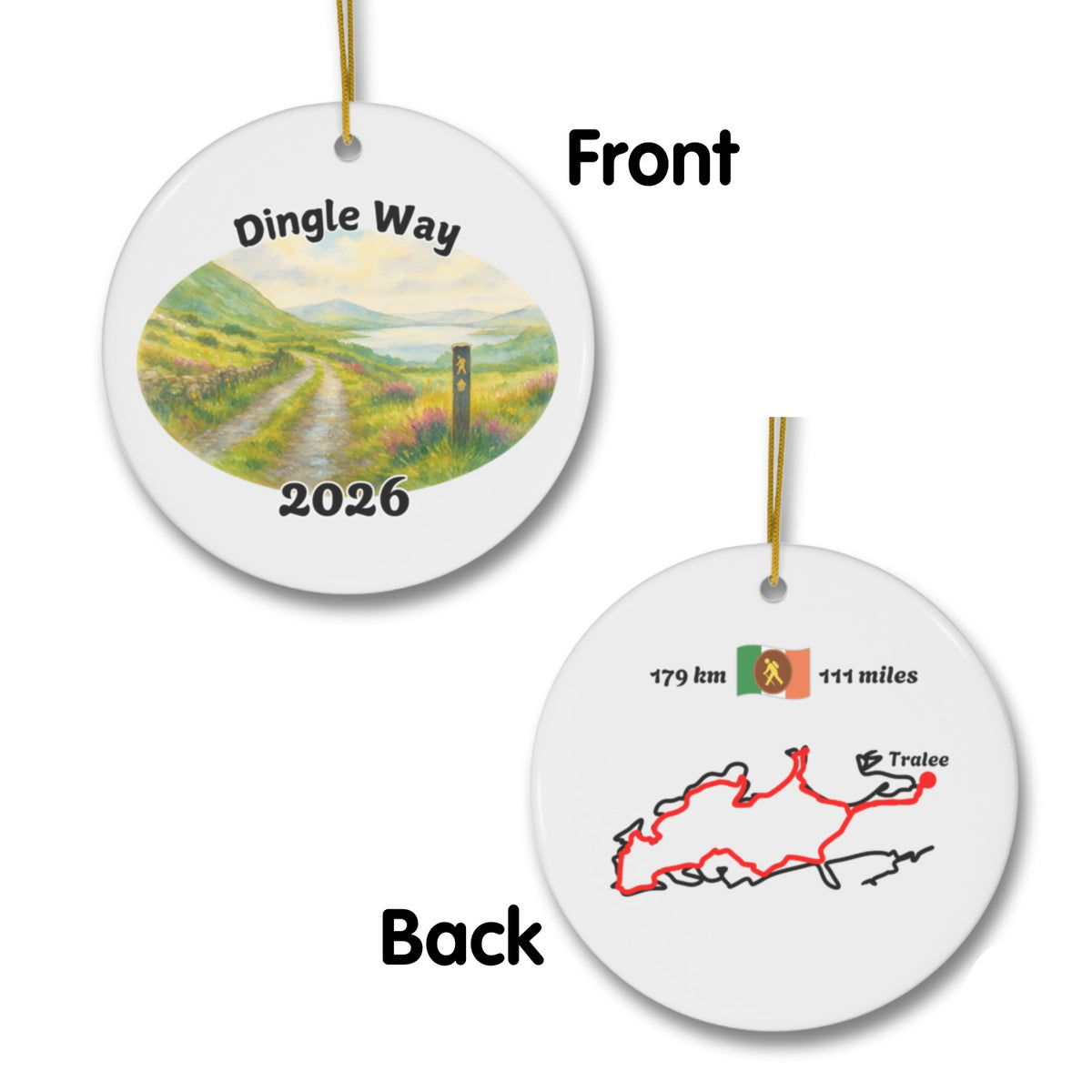 The Dingle Way ornament mockup (front & back), 2026.