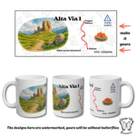 Flatlay of the complete Alta Via 1 mug design with "make it yours" arrows. Three mug views and a note explaining that your mug will come without the watermark butterflies.