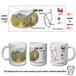 Full wraparound design for the GR20 mug including trail map, mountain illustration, and personalisation areas. Preview includes three product views.