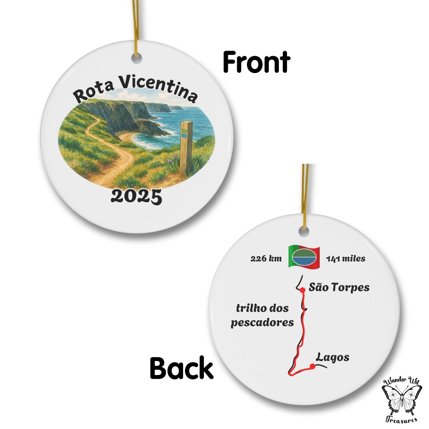 Round ceramic ornament with Rota Vicentina design on front and map on back, featuring text and distances.