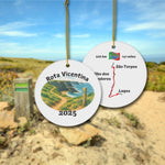 Rota Vicentina ornament coastal version front with watercolor trail scene and back with map from São Torpes to Lagos. Background with FIshermen's trail photo.